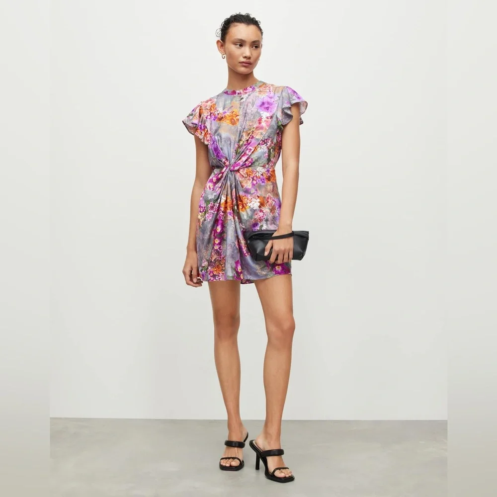 AllSaints Jemille Lucia Silk-Blend Mini Dress size 10 floral high neck sexy - Picture 1 of 12